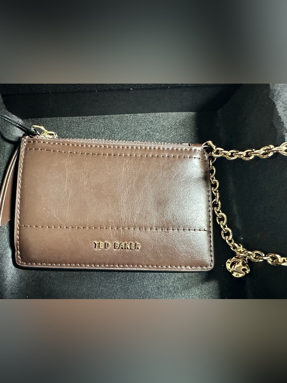 Ted Baker Dark Brown Sutton Charm Leather Card Case with Gold Chain